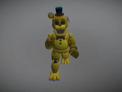Yellow Cartoon Toy Character Wearing Colorful Top Hat And Bow Tie With Mechanical Features 3d model