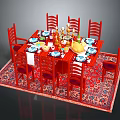 Red Dining Table Set With Six Chairs Tableware Fruits On Red Patterned Rug 3d model