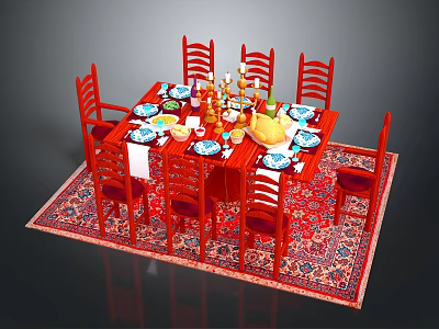 Red Dining Table Set With Six Chairs Tableware Fruits On Red Patterned Rug 3d model