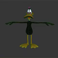Cartoon Duck Sculpture With Black Body Orange Beak And Outstretched Arms On Reflective Base