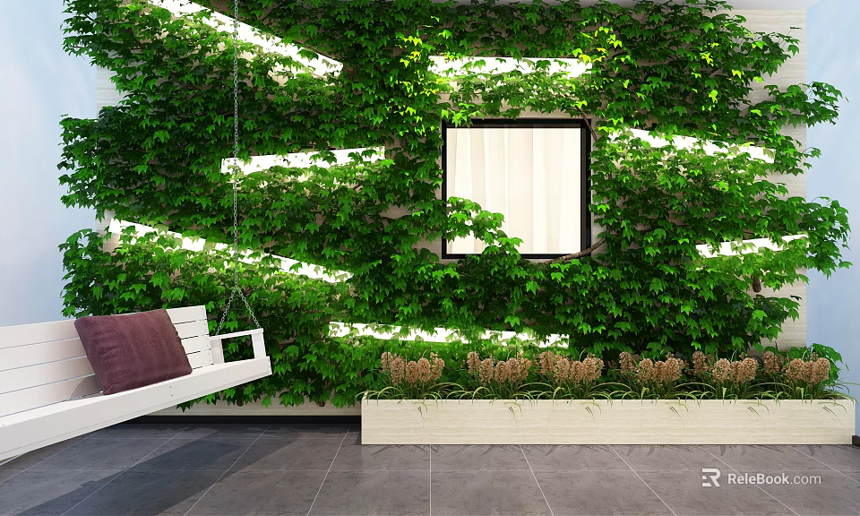 Green Living Wall with Integrated Lighting Window and White Swing Chair in Indoor Space 3d model 