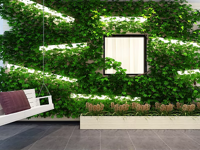 Green Living Wall with Integrated Lighting Window and White Swing Chair in Indoor Space 3d model