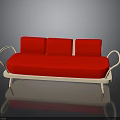 Red Sofa With Three Red Cushions Curved Light Wooden Armrests And Legs Modern Design