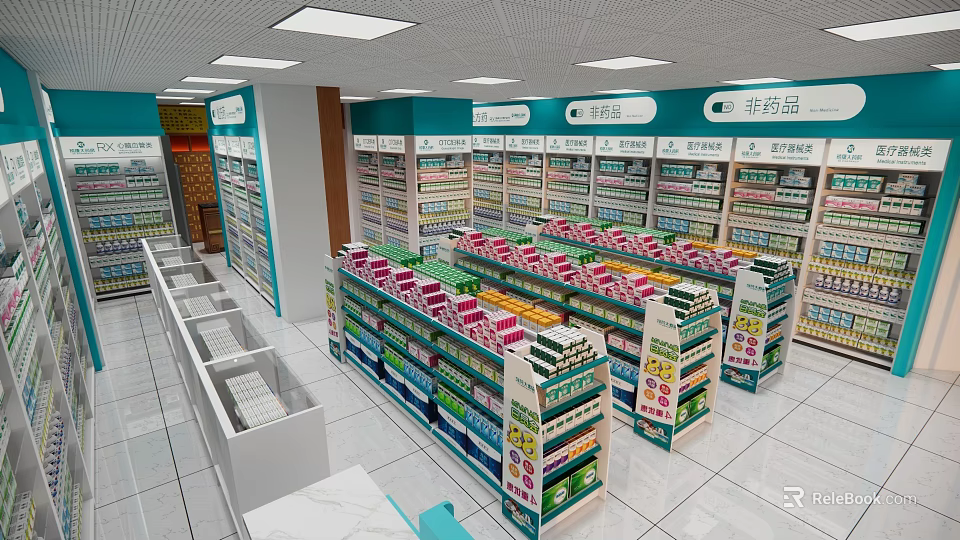 Pharmacy Specialty Store Interior With Medicine Non Medicine Shelves And Product Displays 3d model 