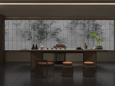 Serene Tea Room Interior Featuring Bamboo Background Wall Wooden Tea Table And Bamboo Woven Stools 3d model