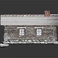 Cozy Log Cabin with Snow Covered Sloped Roof Red Chimney Log Walls and Windows