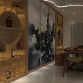 Modern Chinese Tea House Interior With Wooden Shelves Green Plants And Round Table Bamboo Chairs