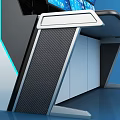 Modern Office Desk With Multiple Monitors White Chair And Cabinet On Blue Background