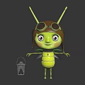 Cute Green Cartoon Creature Wearing Pilot Helmet and Goggles Standing Beside Small Suitcase