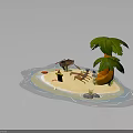 Tropical Natural Island Scene With Sandy Beach Palm Trees Beach Chair Wooden Bucket And Seashells