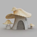 Fairy Tale Mushroom House with Wooden Striped Canopy Gray Walls Small Window and Small Mushrooms