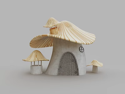 Fairy Tale Mushroom House with Wooden Striped Canopy Gray Walls Small Window and Small Mushrooms 3d model