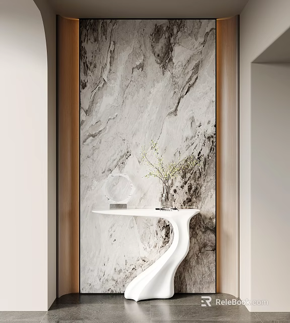 Modern Luxury Entryway With Marble Backdrop White Console Table Vase And Decorative Items 3d model