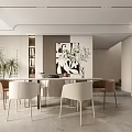 Modern Restaurant Interior With Dining Table Chairs Artwork And Green Plants 3d model