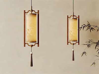 Chinese Wooden Frame Pendant Lights With Floral Shades Tassel And Bamboo On Light Wall 3d model