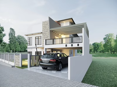 Modern Detached Villa Exterior with Black Car in Driveway Green Lawn and Trees 3d model