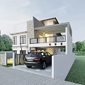 Modern Detached Villa Exterior with Black Car in Driveway Green Lawn and Trees