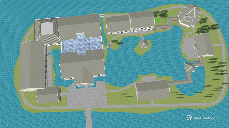 Architectural Layout Of Multiple Buildings With Gray Rooftops Around Water Area And Green Spaces 3d model 