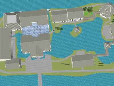 Architectural Layout Of Multiple Buildings With Gray Rooftops Around Water Area And Green Spaces 3d model