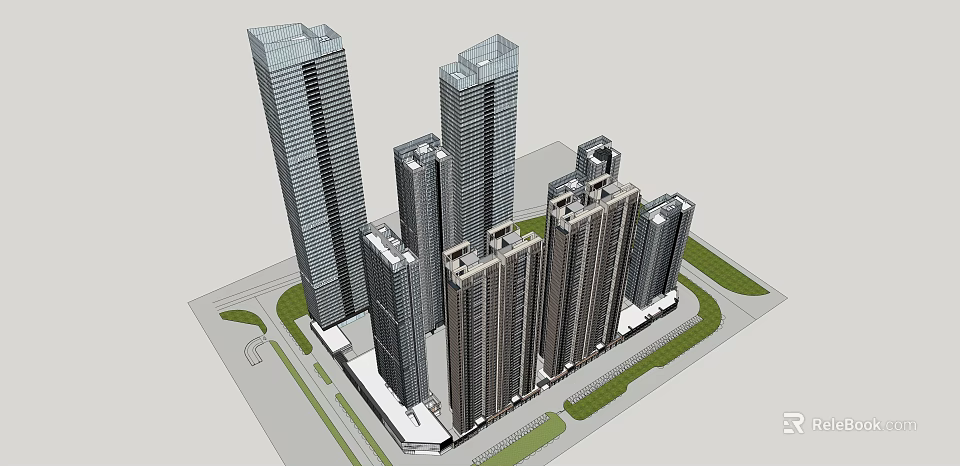 Modern High Rise Building Complex With Green Spaces And Urban Design Elements 3d model