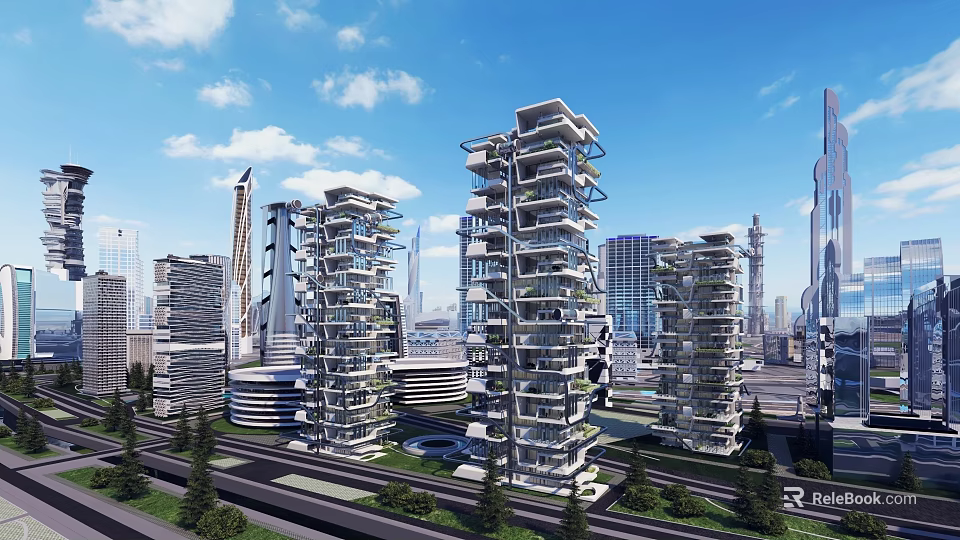 Modern High Rise Residential Building With Innovative Design And Urban Green Balconies 3d model 
