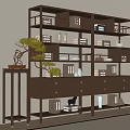 Modern Chinese Display Shelf with Dark Wood Finish Books Vases Ornaments and Bonsai Decor