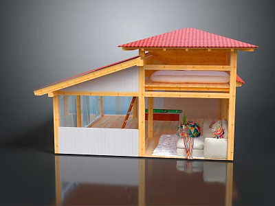 Cartoon Scene House Red Roof Wooden Structure Open Interior Sofa Colorful Cushions Billiard Table Ladder 3d model