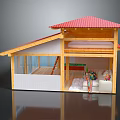 Cartoon Scene House Red Roof Wooden Structure Open Interior Sofa Colorful Cushions Billiard Table Ladder