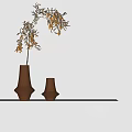 Brown Ceramic Vases With Dried Branches On White Shelf Against White Wall 3d model
