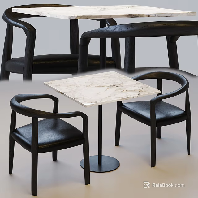 Modern Table And Chair Set With Marble Top And Black Leather Armchairs 3d model 