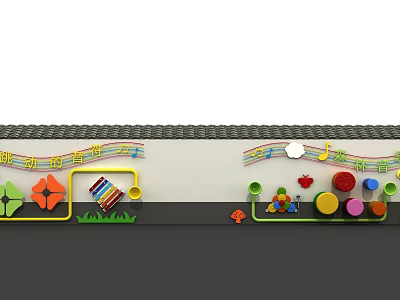 Colorful Playground Equipment with Music Notes Geometric Shapes Building Blocks Apple Decorations and Grass Patterns 3d model