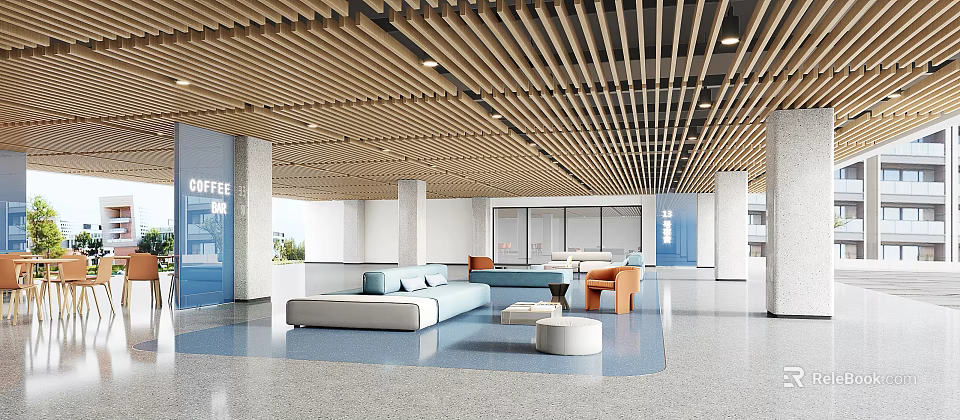 Modern Lounge Area Interior With Wooden Slat Ceiling Light Blue Sofa And Orange Accent Chairs 3d model 