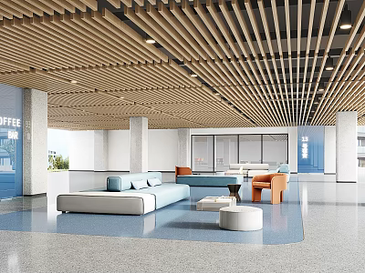 Modern Lounge Area Interior With Wooden Slat Ceiling Light Blue Sofa And Orange Accent Chairs 3d model