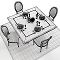 Wooden Dining Table Set With Upholstered Chairs Tableware Wine Bottles And Fruits On Decorative Rug