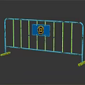 Blue and Yellow Metal Safety Barrier with Blue Sign on Rails and Yellow Base