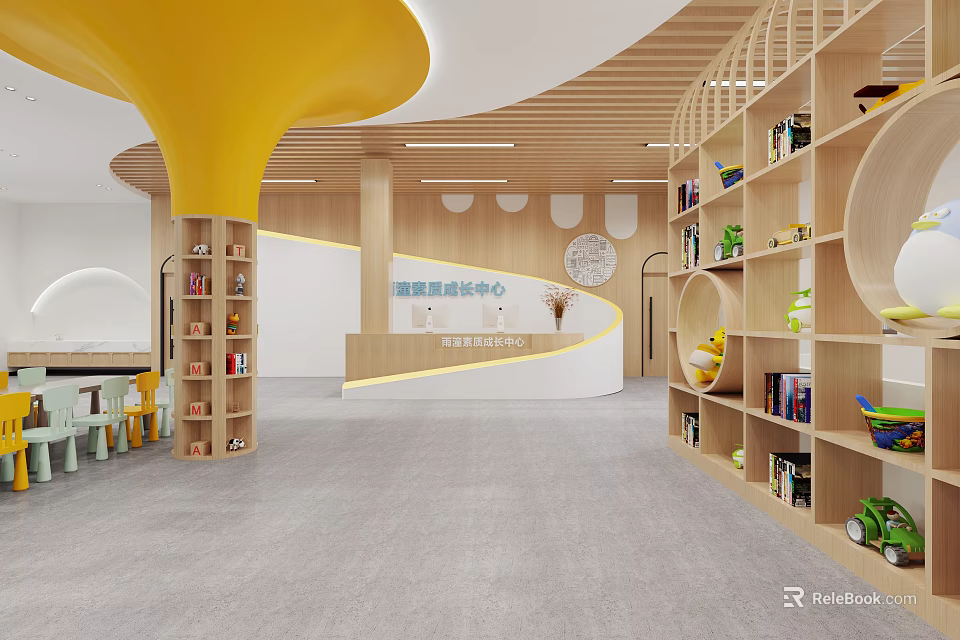Modern Kindergarten Interior Design With Yellow Pillar Wooden Shelves And Toys 3d model 