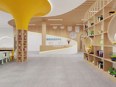 Modern Kindergarten Interior Design With Yellow Pillar Wooden Shelves And Toys 3d model