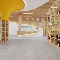 Modern Kindergarten Interior Design With Yellow Pillar Wooden Shelves And Toys