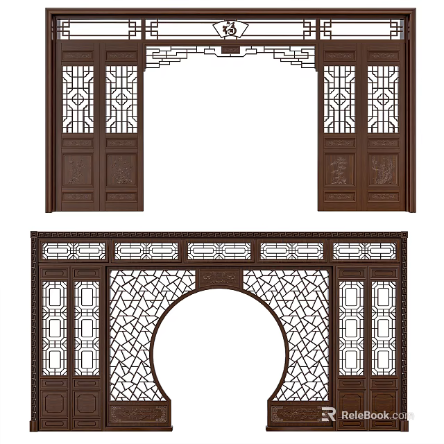 Traditional Chinese Wooden Door Arch With Intricate Carved Lattice And Circular Design 3d model 