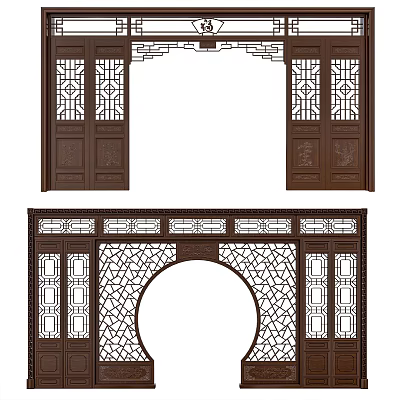Traditional Chinese Wooden Door Arch With Intricate Carved Lattice And Circular Design 3d model