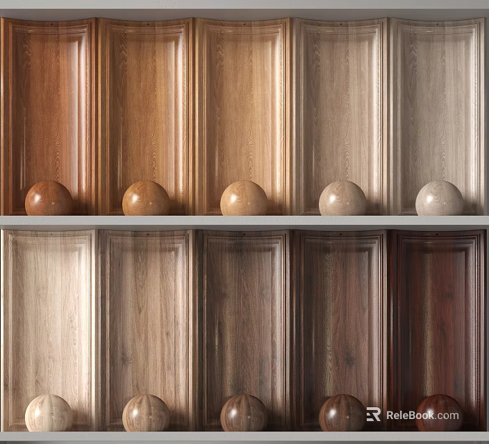 Wood Panels With Various Textures And Stone Decorative Balls For Interior Design Samples 3d model