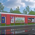 Red Structured Bus Stop With Billboards Green Trees Blue Sky And Wet Road Reflection