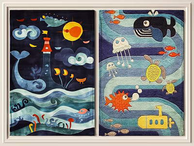 Cartoon Ocean Themed Square Carpet With Whale Lighthouse And Submarine 3d model