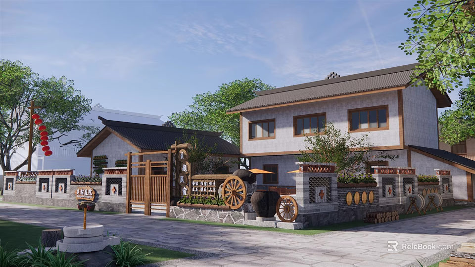 Rural Self Built House Featuring Chinese Style Courtyard With Traditional Decorations And Green Plants 3d model 
