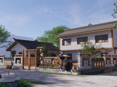 Rural Self Built House Featuring Chinese Style Courtyard With Traditional Decorations And Green Plants 3d model