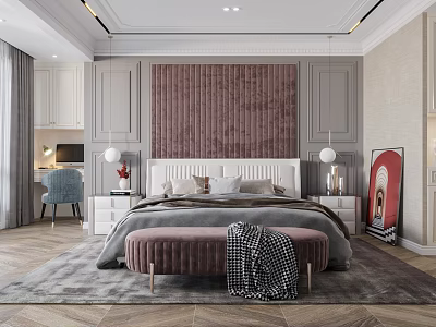 Luxury Modern Bedroom With White Headboard Gray Bedding Pink Bench And Striped Headboard Wall 3d model