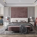 Luxury Modern Bedroom With White Headboard Gray Bedding Pink Bench And Striped Headboard Wall