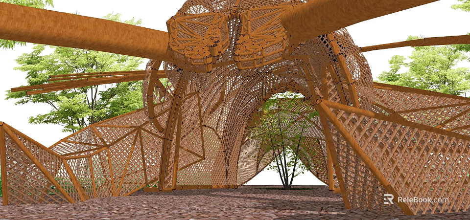 Garden Landscape With Intricate Wooden Lattice Arched Structure Surrounding Trees And Paved Ground 3d model 