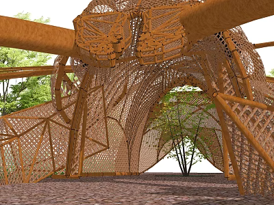 Garden Landscape With Intricate Wooden Lattice Arched Structure Surrounding Trees And Paved Ground 3d model