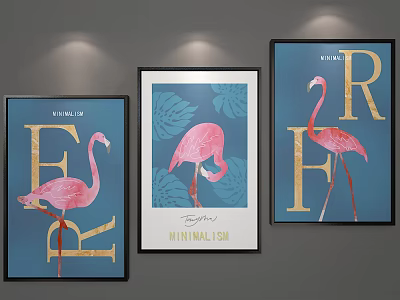 Modern Flamingo Animal Paintings With Blue Background Gold Letters And Tropical Leaves 3d model